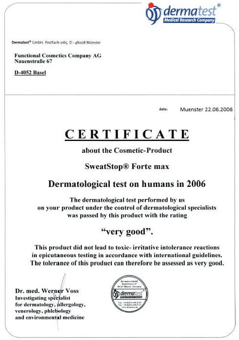 sweatstop forte max dermatologický certifikát
